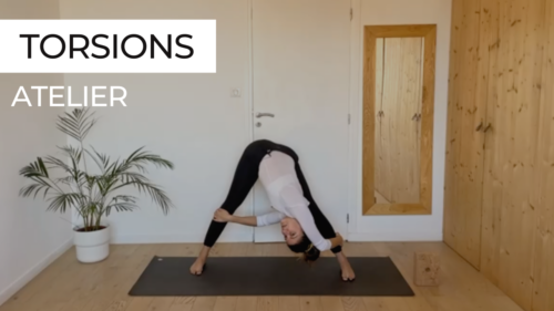 Marie guidant un atelier de yoga vinyasa sur le thème des torsions.