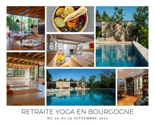 Vignette composée de plusieurs images illustrant la retraite de yoga en Bourgogne, incluant la salle de yoga, la piscine, les repas, et la nature environnante.