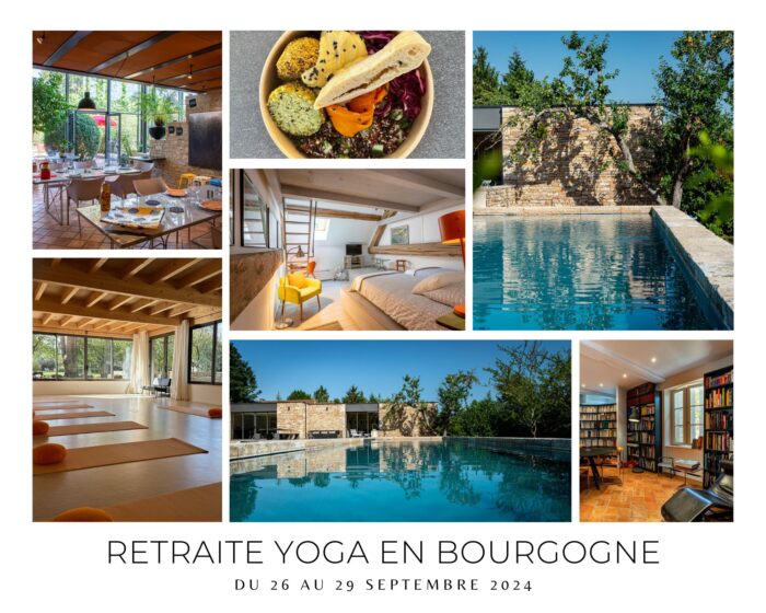 Vignette composée de plusieurs images illustrant la retraite de yoga en Bourgogne, incluant la salle de yoga, la piscine, les repas, et la nature environnante.