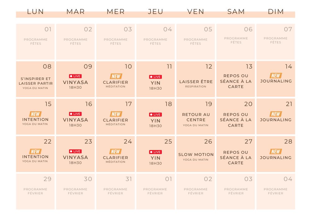 Planning mensuel ATHOME Planning du programme de yoga en ligne ATHOME pour le mois de janvier.