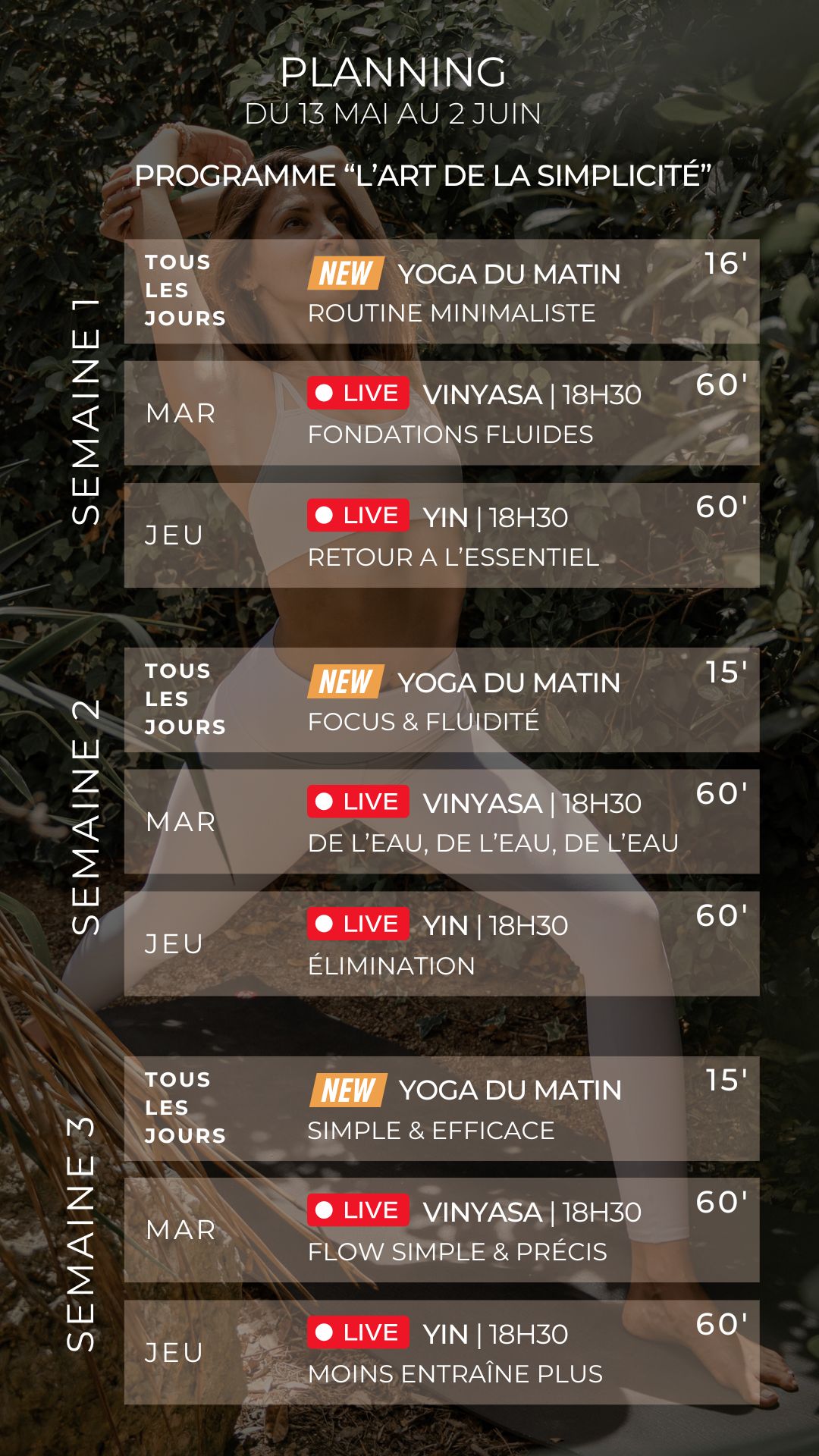 Planning du programme "L'Art de la Simplicité" illustrant les séances hebdomadaires.