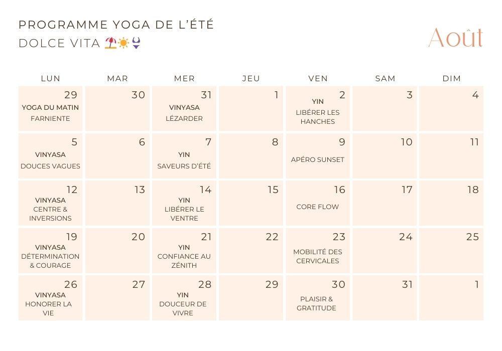 Planning du programme de l'été "Dolce Vita" pour le mois d'août.