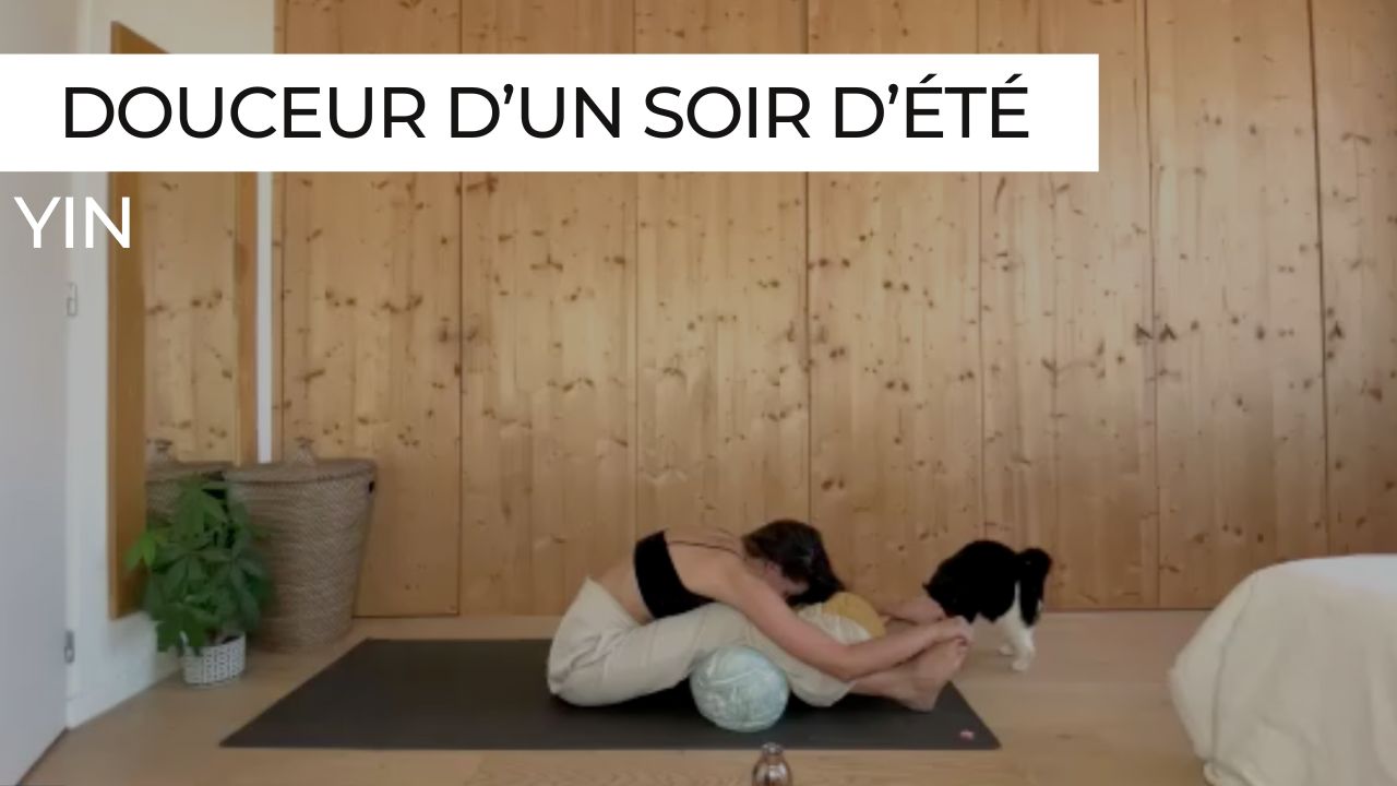 Marie en posture de pince avec un bolster et son chat lors d'une séance de Yin Yoga intitulée "Douceur d'un soir d'été".