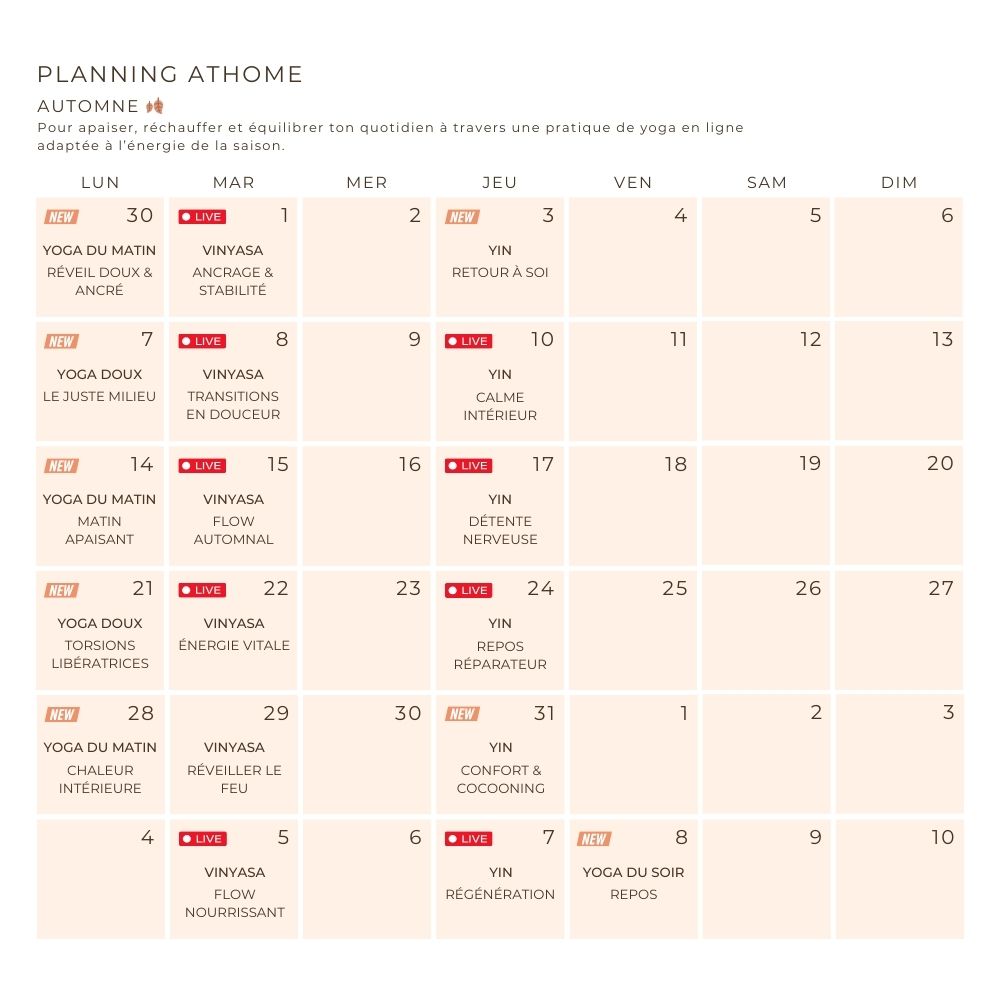 Planning du programme d'automne sur ATHOME, détaillant les séances de yoga hebdomadaires.