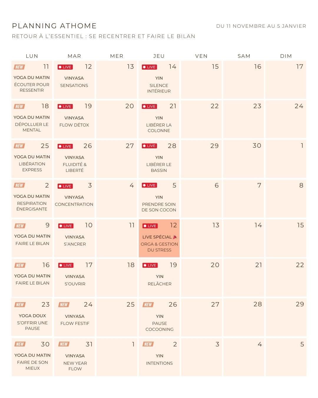 Planning du programme "Retour à l'essentiel" illustrant les séances hebdomadaires.