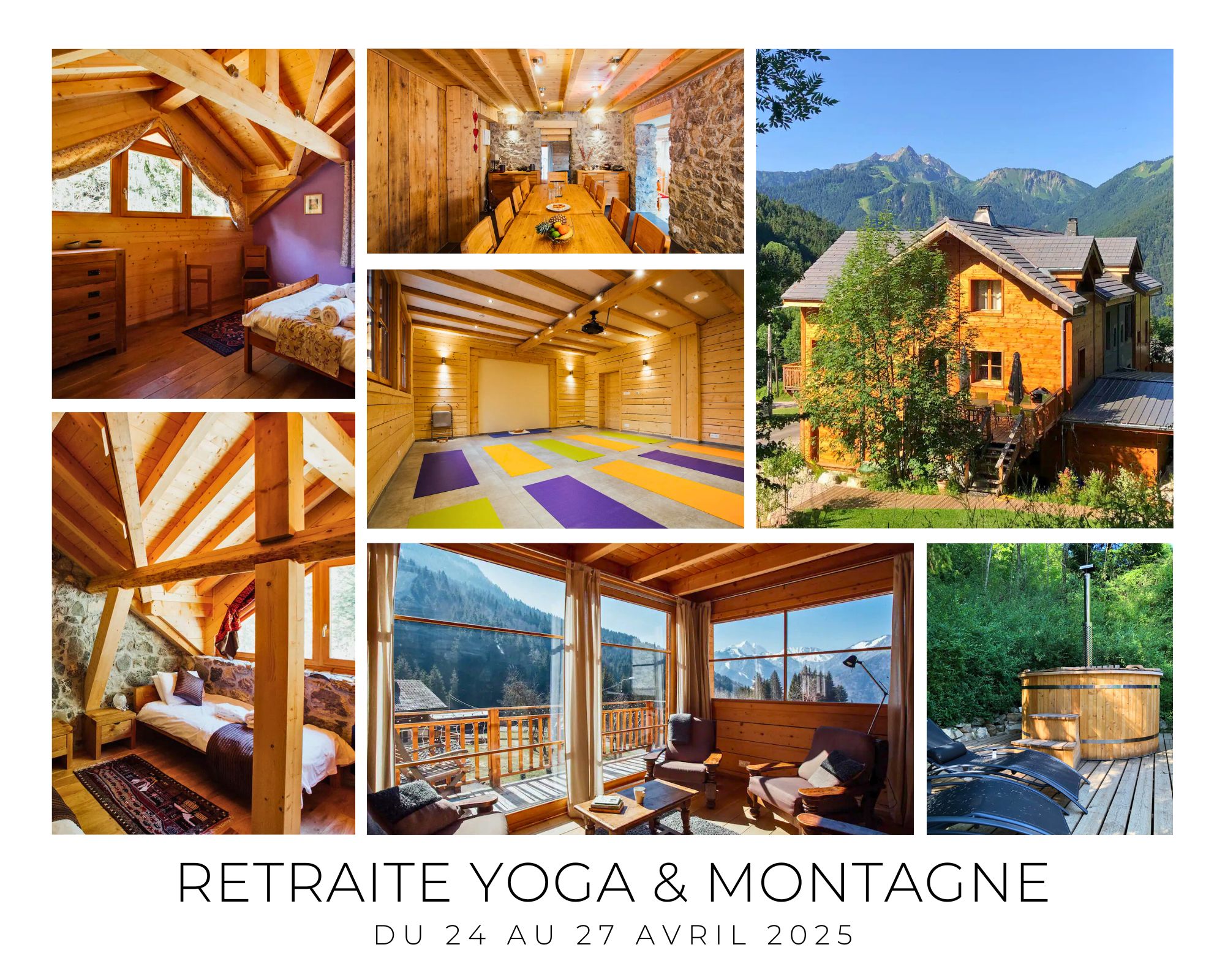 Illustration de la retraite de yoga à la montagne, avec un chalet entouré de paysages enneigés.