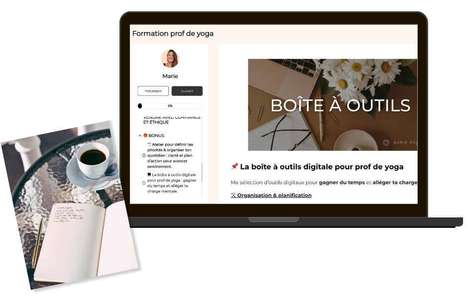 Boîte à outils digitaux – Bonus Yoga Next Step Visuel du bonus "Boîte à outils digitaux" pour aider les profs de yoga à développer leur activité en ligne