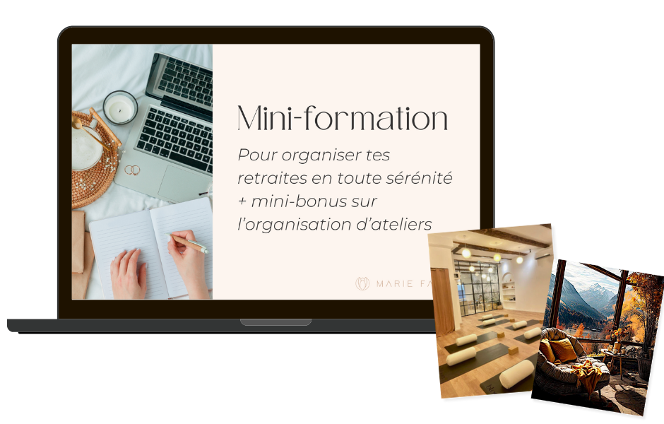 Mini formation bonus – Organiser ses retraites yoga Ordinateur portable affichant la mini formation bonus sur l’organisation de retraites de yoga – Yoga Next Step