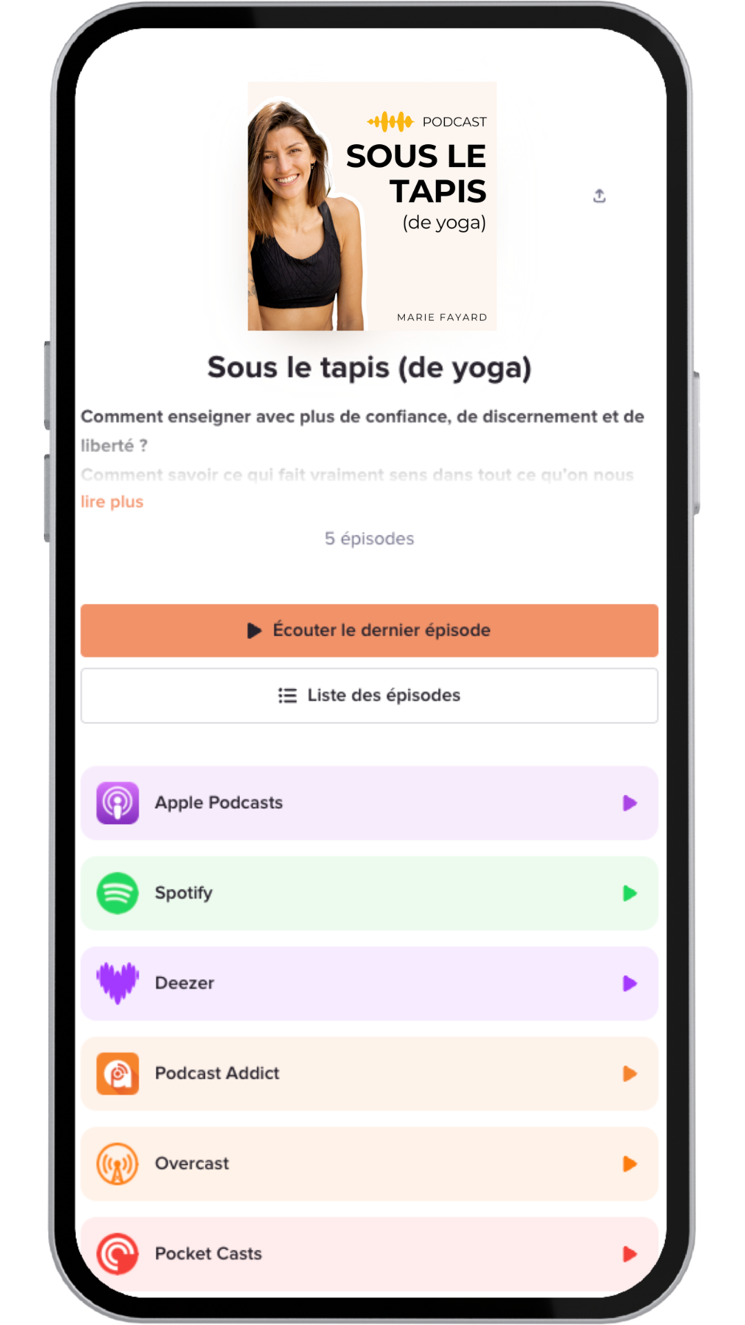 Mockup d’un smartphone affichant le podcast de Marie Fayard sur le yoga et l’enseignement