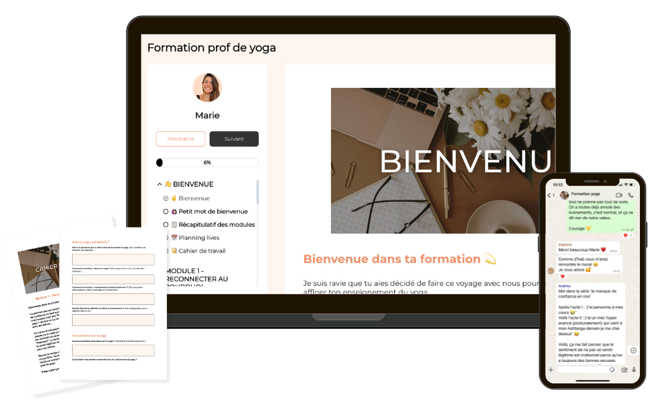 Mockup – Formation Yoga Next Step Visuel mockup de la formation en ligne Yoga Next Step pour profs de yoga, affiché sur plusieurs supports numériques
