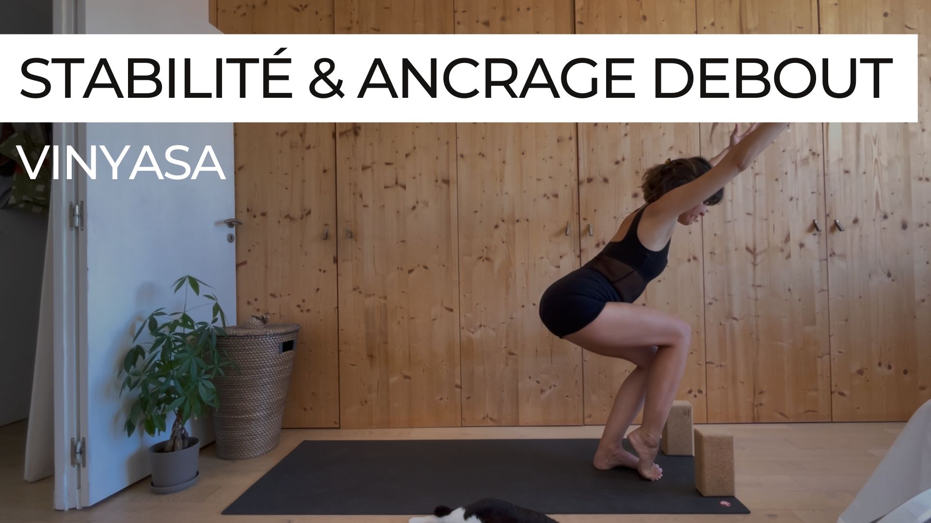 Femme en posture de yoga debout, stable et ancrée, dans un flow vinyasa
