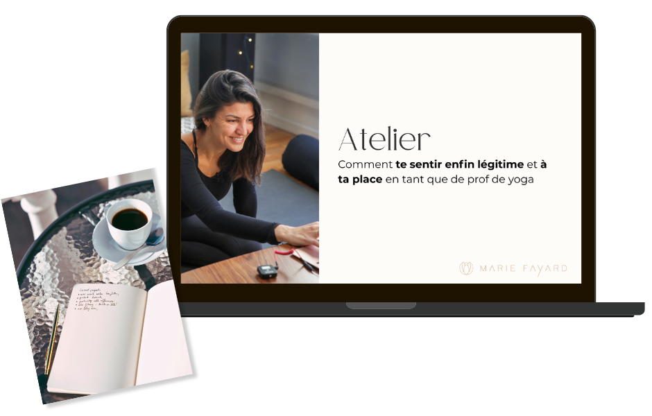 Mockup atelier gratuit – Comment se sentir légitime en tant que prof de yoga Mockup sur écran d'ordinateur de l'atelier gratuit "Comment te sentir légitime et à ta place en tant que prof de yoga"
