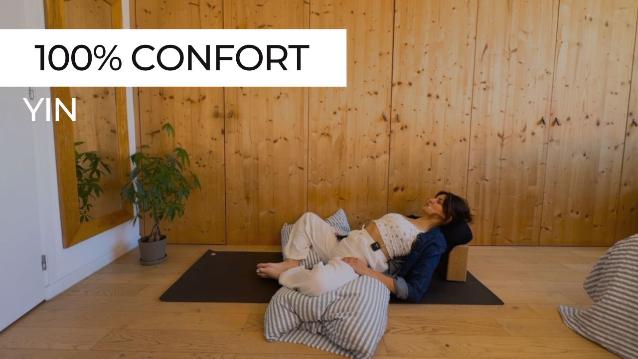 Marie en posture de yin yoga, vignette de la séance courte "Yin 100% Confort"